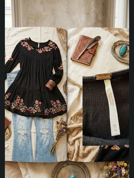 Free People Tops - Free People Black Floral Embroidered Peasant Tunic